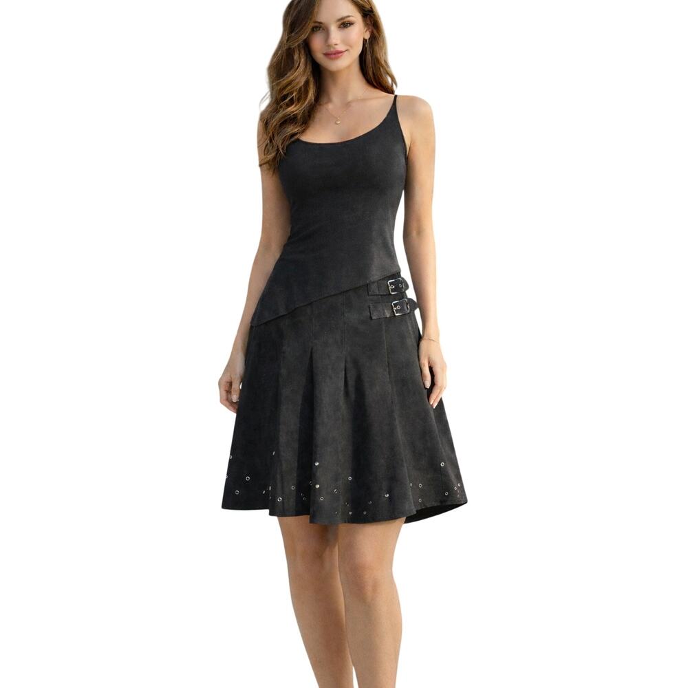 Donald Pliner Black Suede Skirt Lined Fit Flare Grommet Self Belt NWT $875 8/10 - Picture 2 of 10
